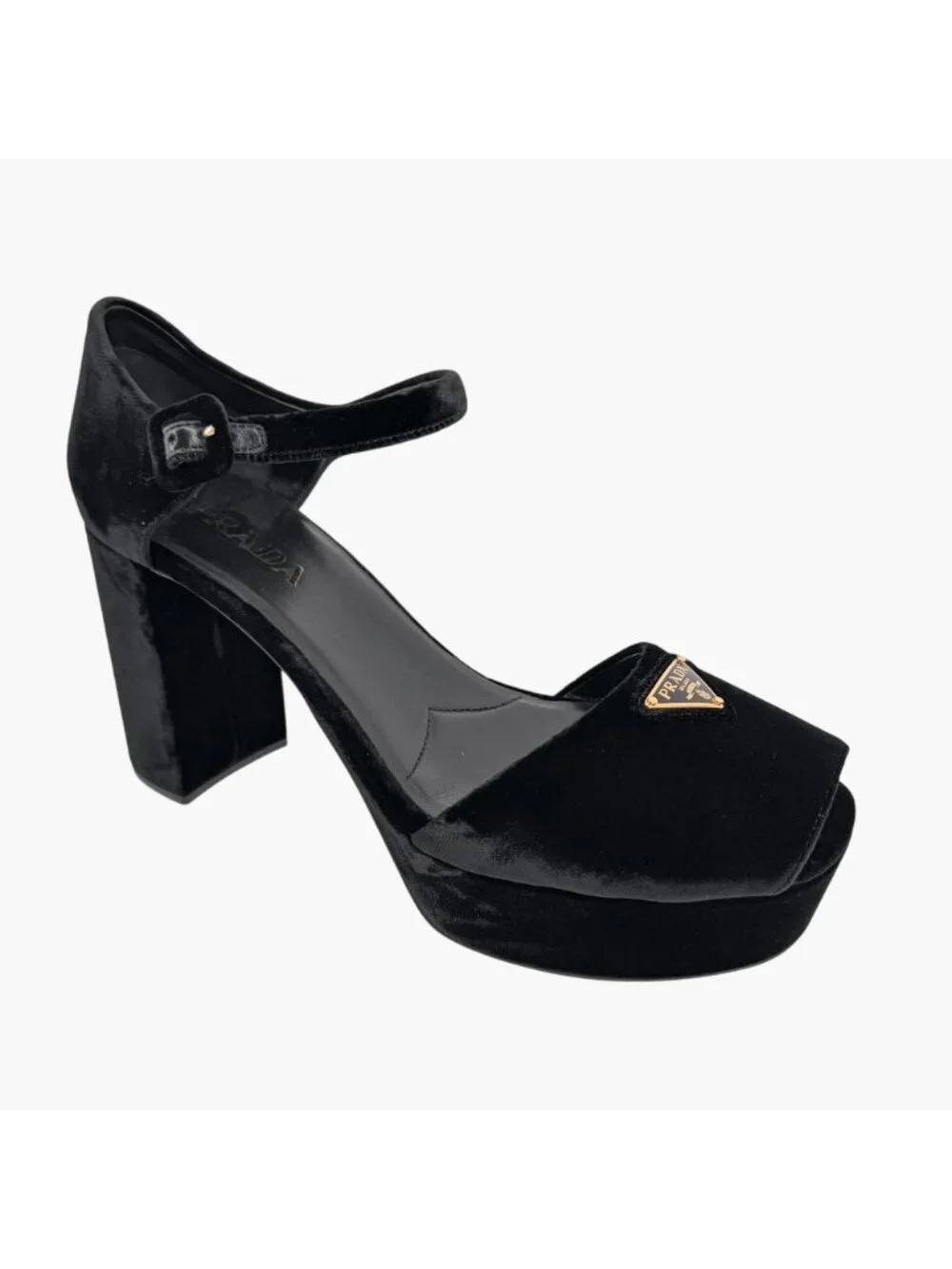 Prada Triangle Logo Platform Pumps Heels Sandals Black Velvet Size 41 US 11